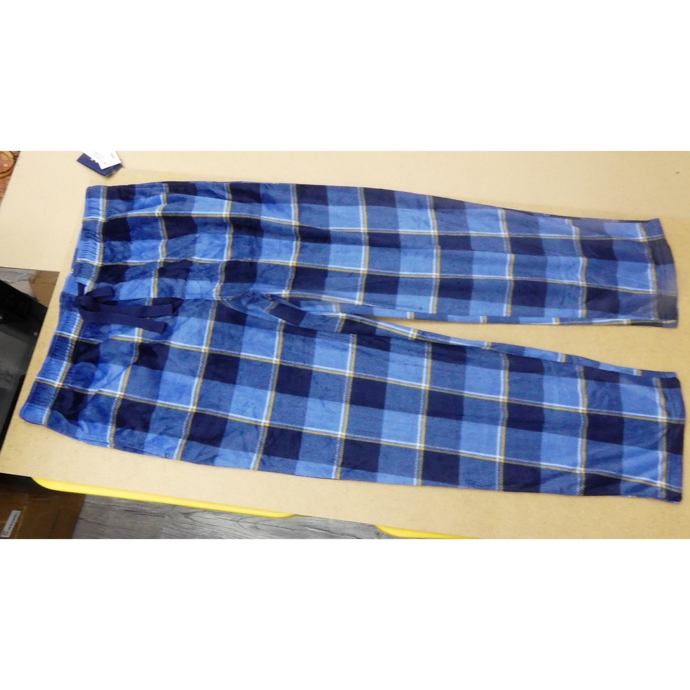 IZOD Pajama Pants Mens Large Blue Plaid Fleece Drawstring Sleepwear New